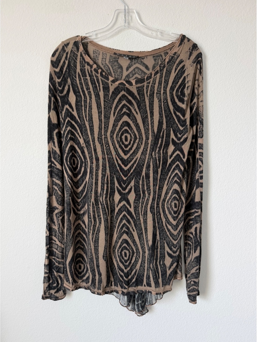 MEZON Long Sleeve Scoop Neck Black/Brown Geo Abstract Semi-sheer Blouse Size M